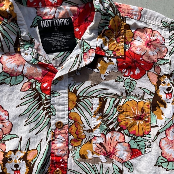 Men's Hot Topic Shirt Multicolor Corgi Hawaiian M TIKI Surf Art Deco Tropical - Picture 2 of 12